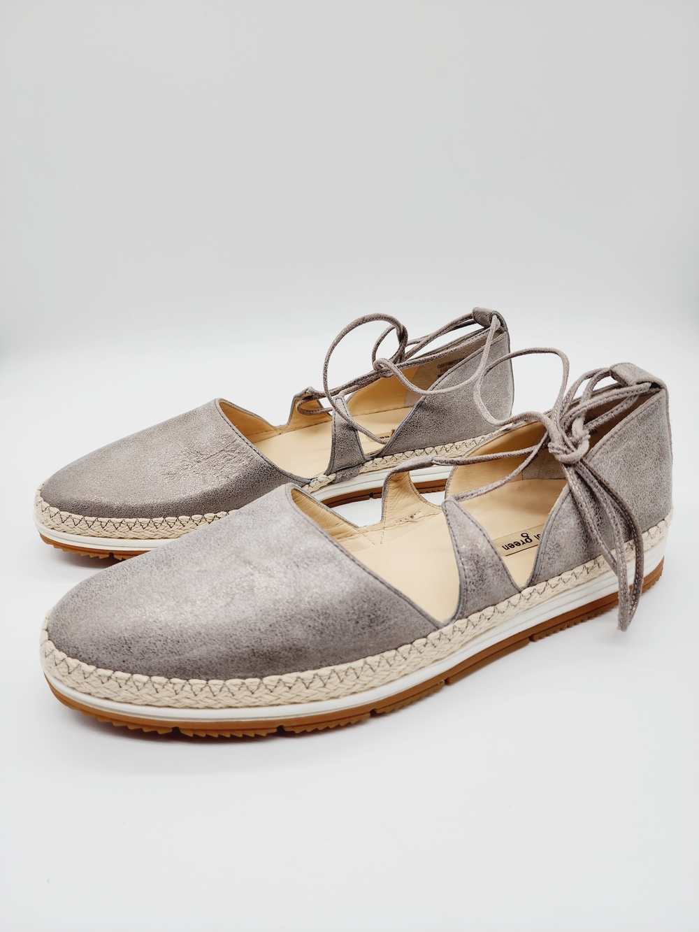 Paul Green Marcey Ankle-Tie Flat Espadrilles  Silver Metallic Leather Size 8.5